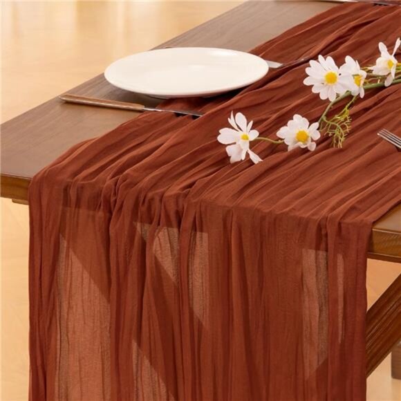 Thanksgiving Fall Table Runner Terracotta Cheesecloth Gauze Burnt Orange Boho - Picture 1 of 7